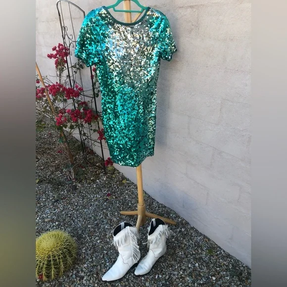 Vintage mini teal silver ombré beaded and sequin mini dress - Picture 4 of 14